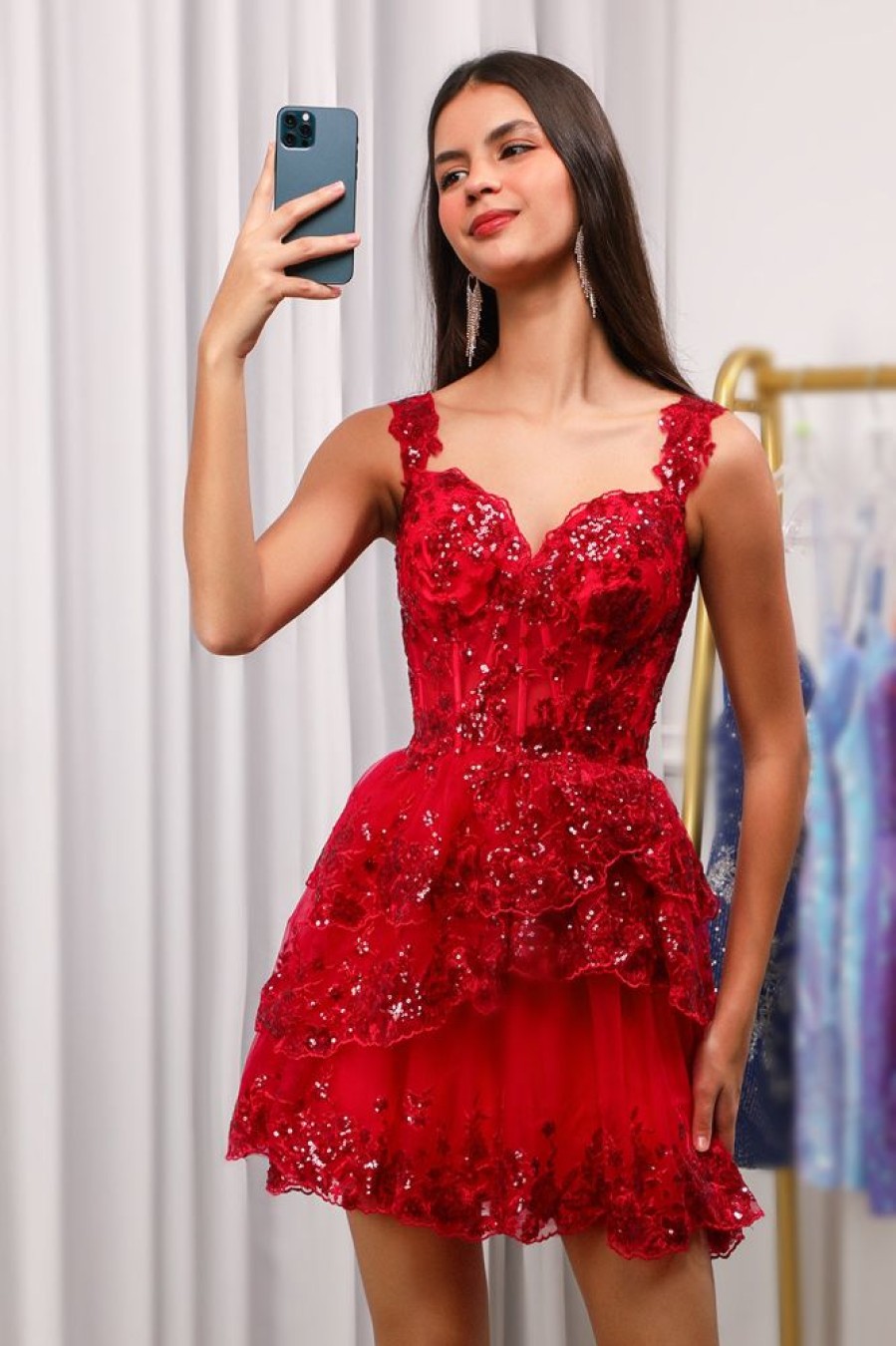 Homrain Glitter Off The Shoulder Tie Lace A-Line Homecoming Dress | Red Hoco Dresses