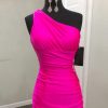 Homrain Simple One Shoulder Satin Tight Short Homecoming Dress | Hot Pink Hoco Dresses