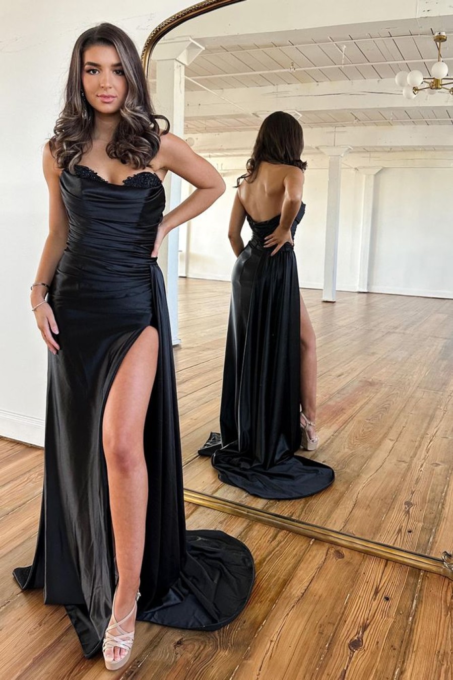 Homrain A Line Sweetheart Long Prom Dress With Split Front | Black Prom Dresses