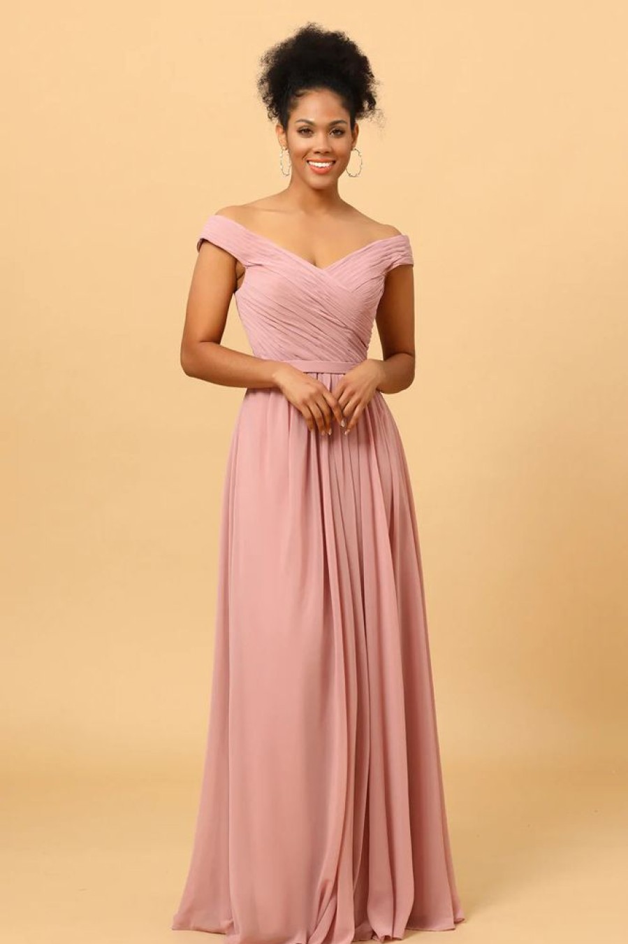 Homrain Ruffles Chiffon Pink Bridesmaid Dress With Slit | Dusty Rose Bridesmaid Dress