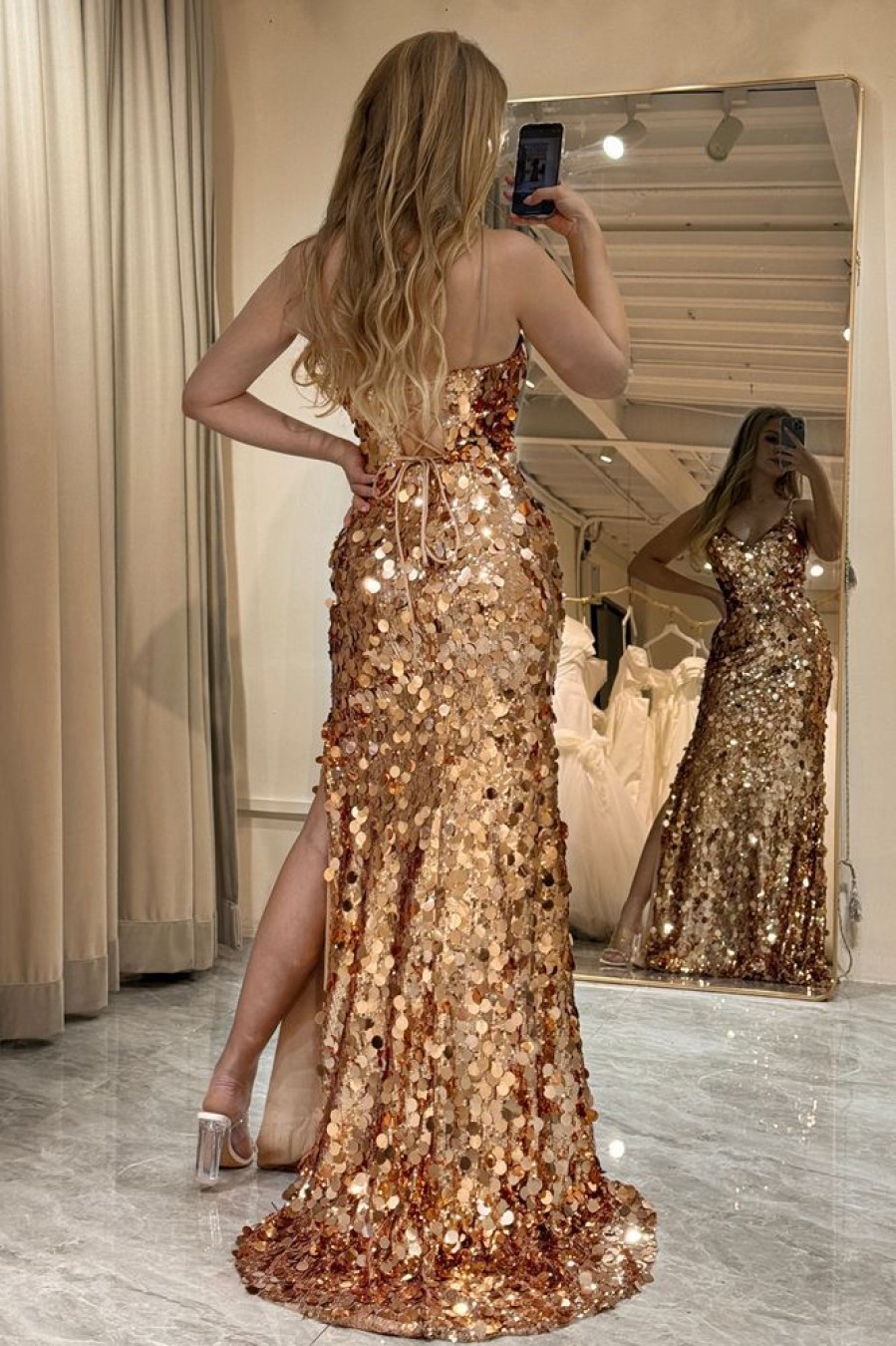 Homrain Sparkly Beaded Sequins Mermaid Long Prom Dress With Slit | Gold Prom Dresses