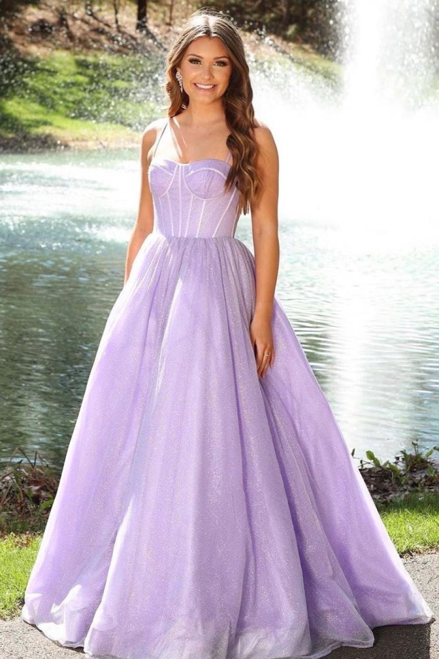 Homrain A Line Spaghetti Straps Light Long Prom Dress | Purple Prom Dresses