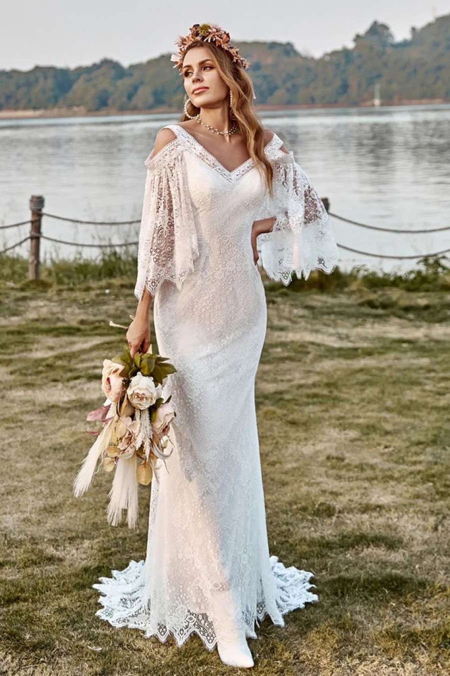 Homrain Lace Cold Shoulder Mermaid Cape Sleeve Boho Wedding Dress | Mermaid Wedding Dresses