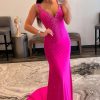 Homrain Mermaid V Neck Hot Pink Long Prom Dress With Beading | Hot Pink Prom Dresses