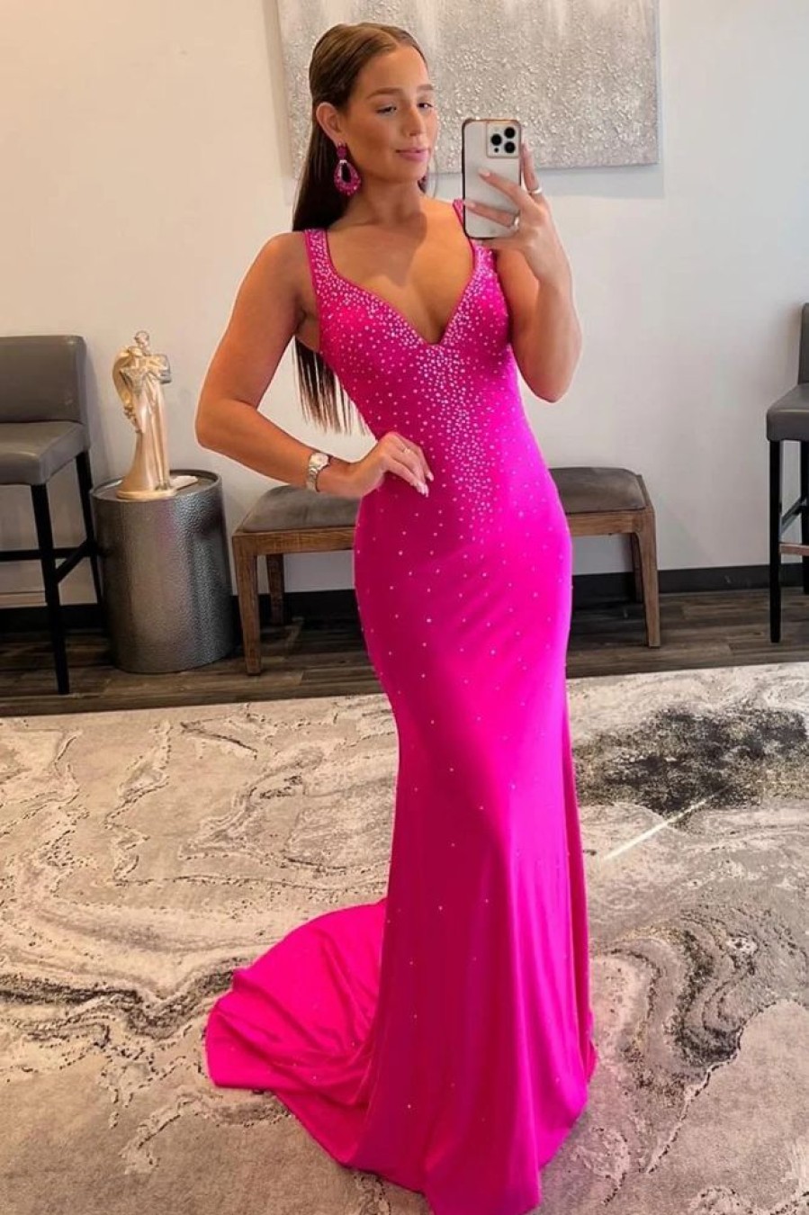 Homrain Mermaid V Neck Hot Pink Long Prom Dress With Beading | Hot Pink Prom Dresses