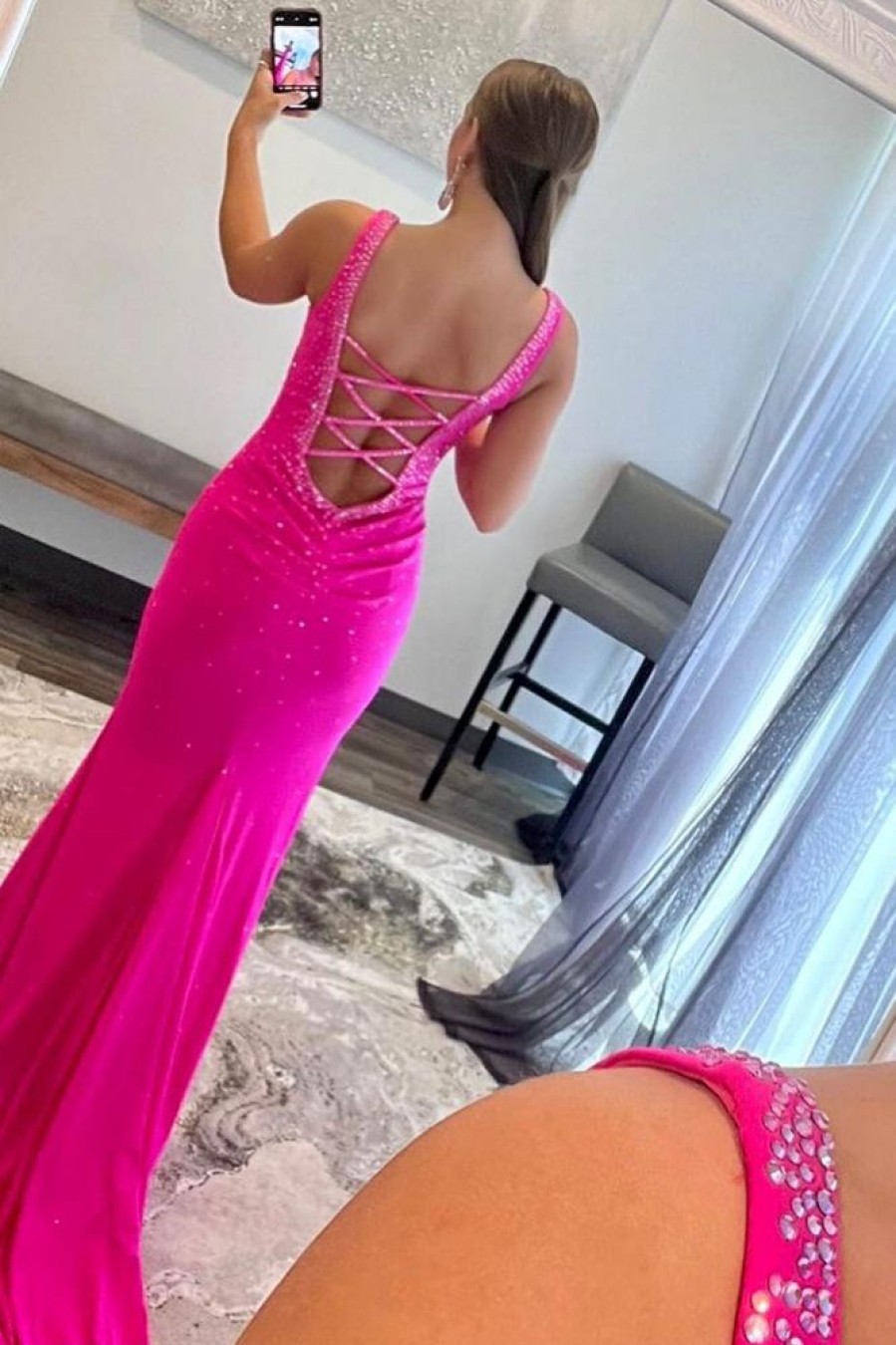 Homrain Mermaid V Neck Hot Pink Long Prom Dress With Beading | Hot Pink Prom Dresses