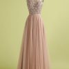 Homrain Sparkly Beaded Long Tulle Bridesmaid Prom Dress | Dusty Rose Bridesmaid Dress