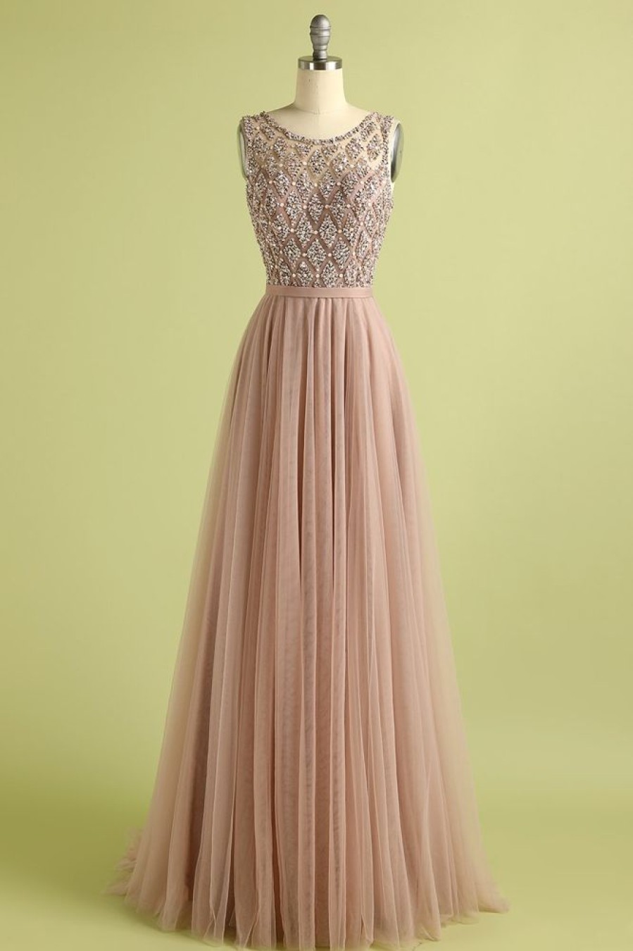 Homrain Sparkly Beaded Long Tulle Bridesmaid Prom Dress | Dusty Rose Bridesmaid Dress