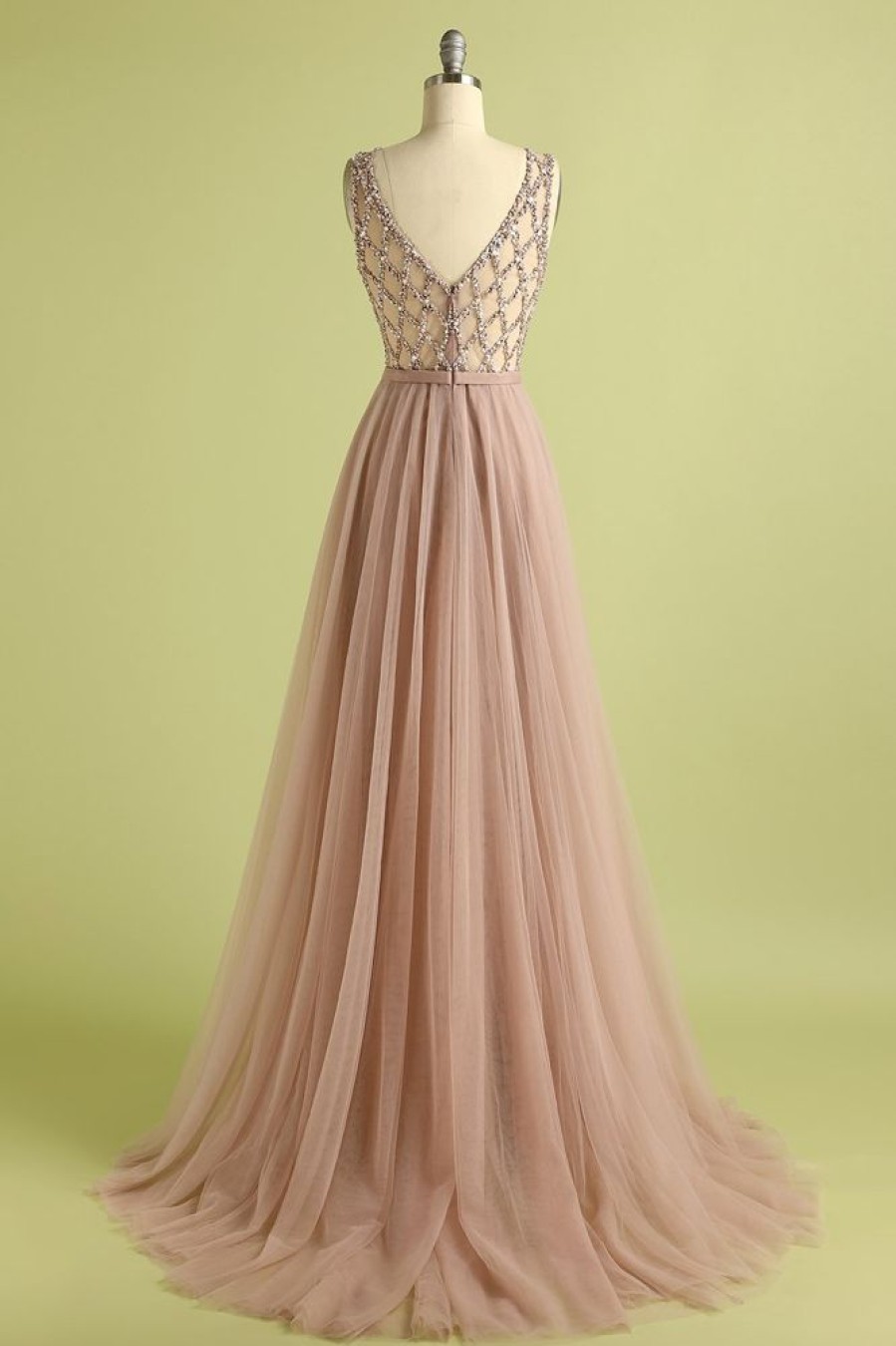 Homrain Sparkly Beaded Long Tulle Bridesmaid Prom Dress | Dusty Rose Bridesmaid Dress