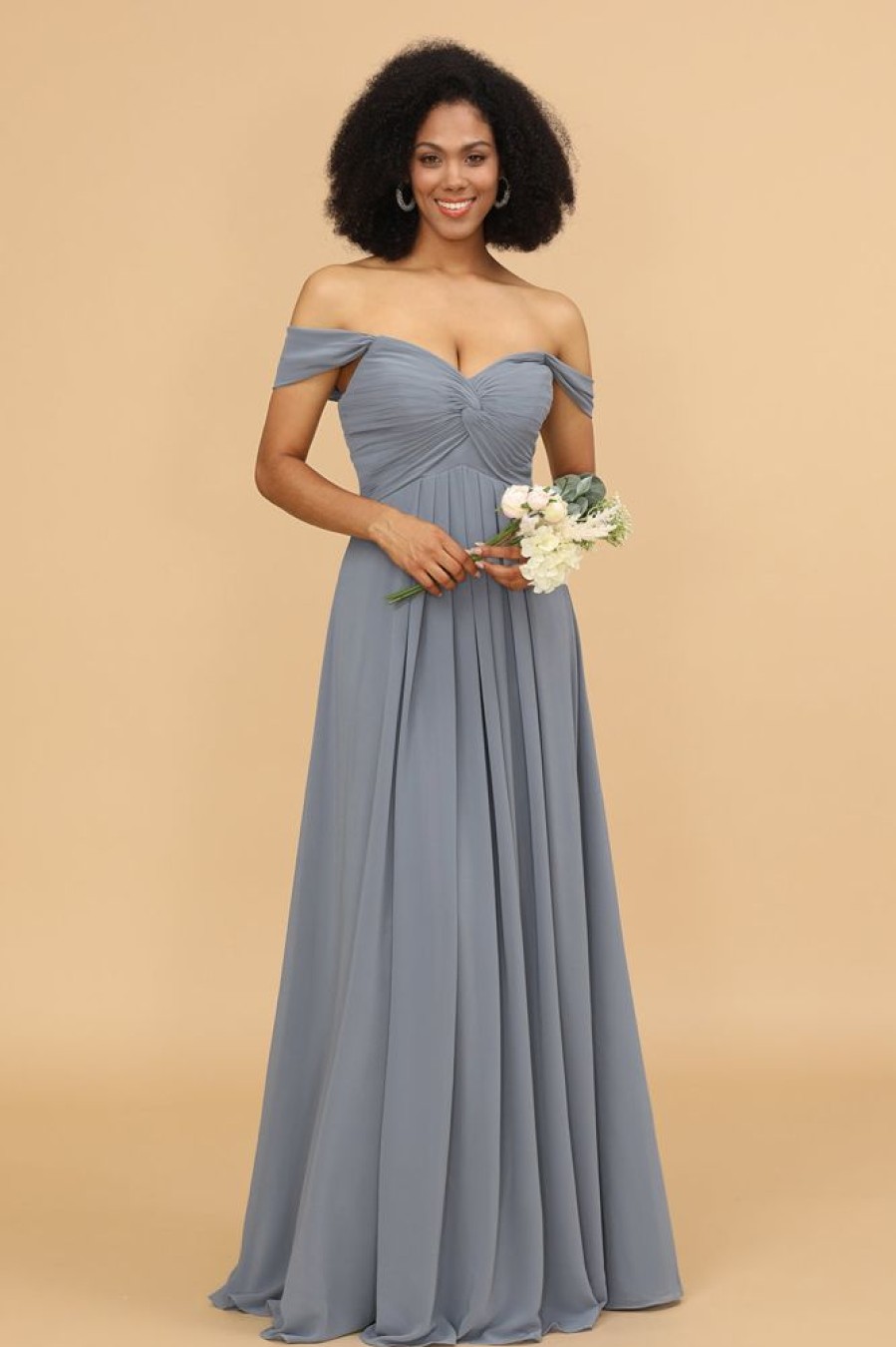 Homrain Off The Shoulder Chiffon Bridesmaid Dress | Dusty Blue Bridesmaid Dress