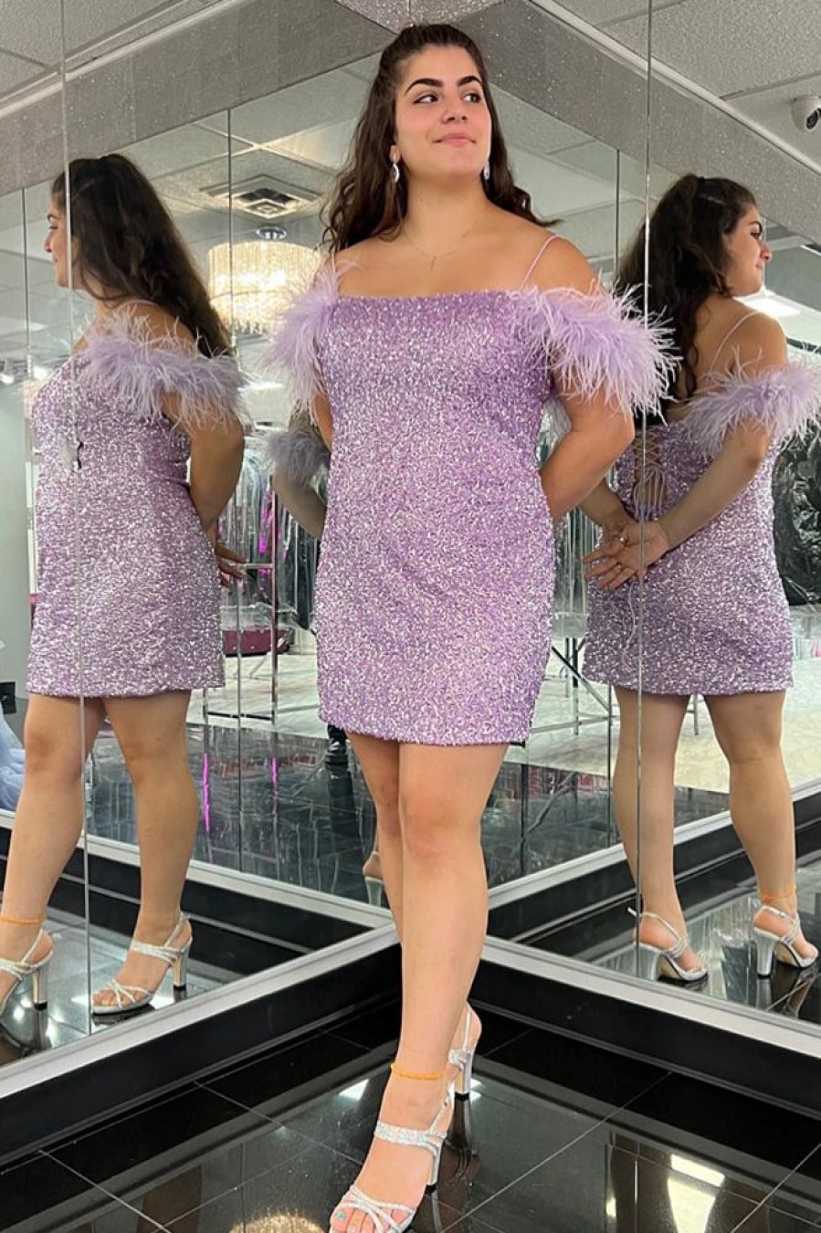 Homrain Sparkly Sequins Tight Short Homecoming Dress With Feathers | Purple Hoco Dresses