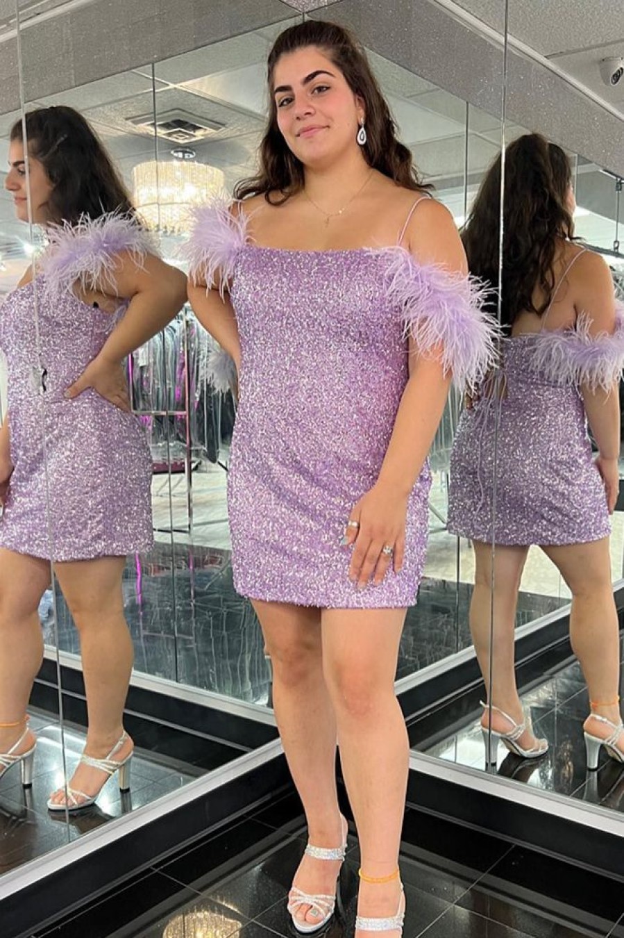 Homrain Sparkly Sequins Tight Short Homecoming Dress With Feathers | Purple Hoco Dresses