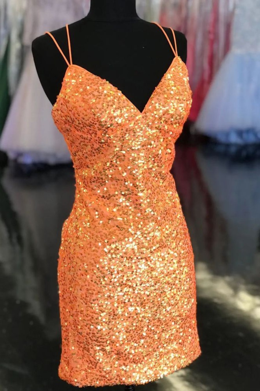 Homrain Sparkly Sequined Tight Short Homecoming Dress | Orange Hoco Dresses