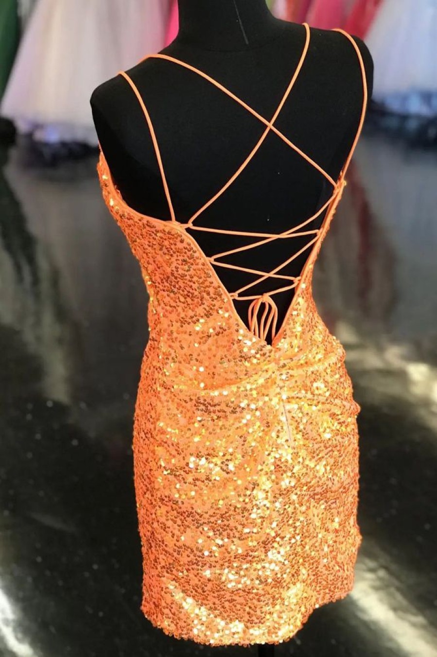 Homrain Sparkly Sequined Tight Short Homecoming Dress | Orange Hoco Dresses