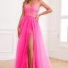 Homrain Two Piece Spaghetti Straps Prom Dress With Split Front | Hot Pink Hoco Dresses