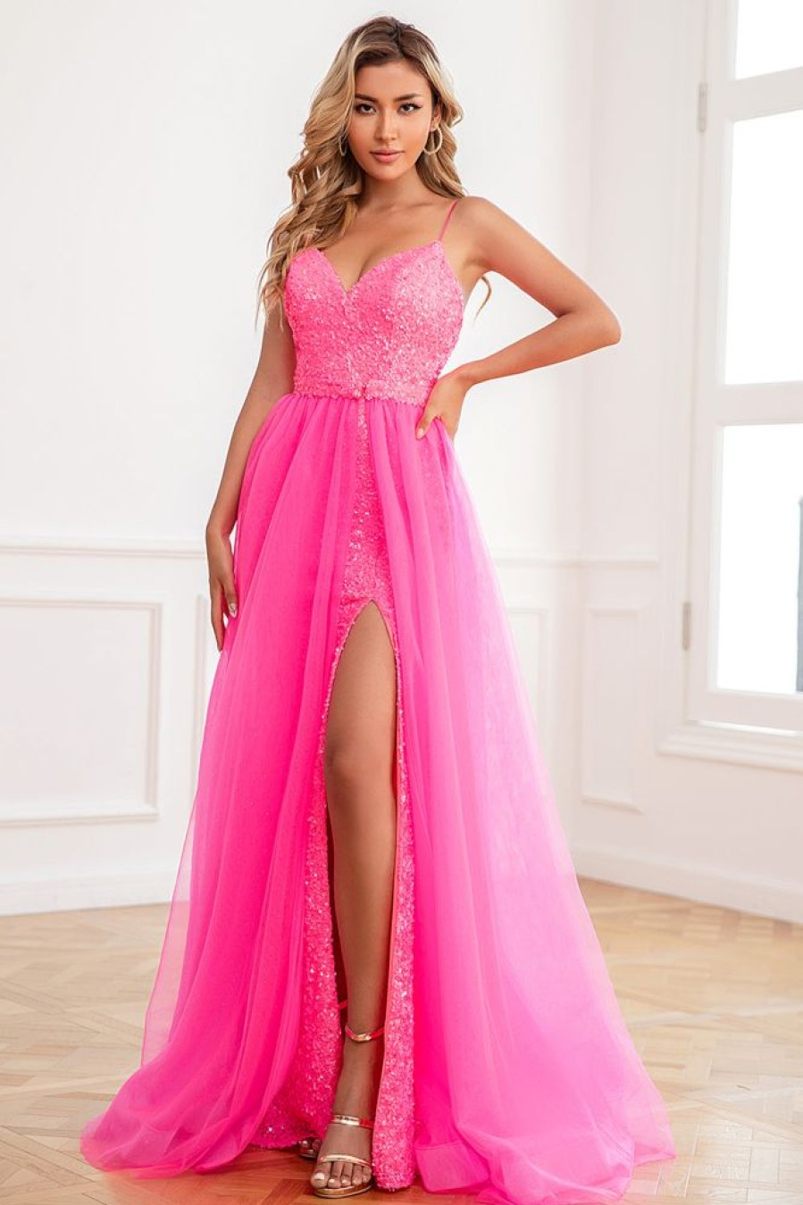 Homrain Two Piece Spaghetti Straps Prom Dress With Split Front | Hot Pink Hoco Dresses