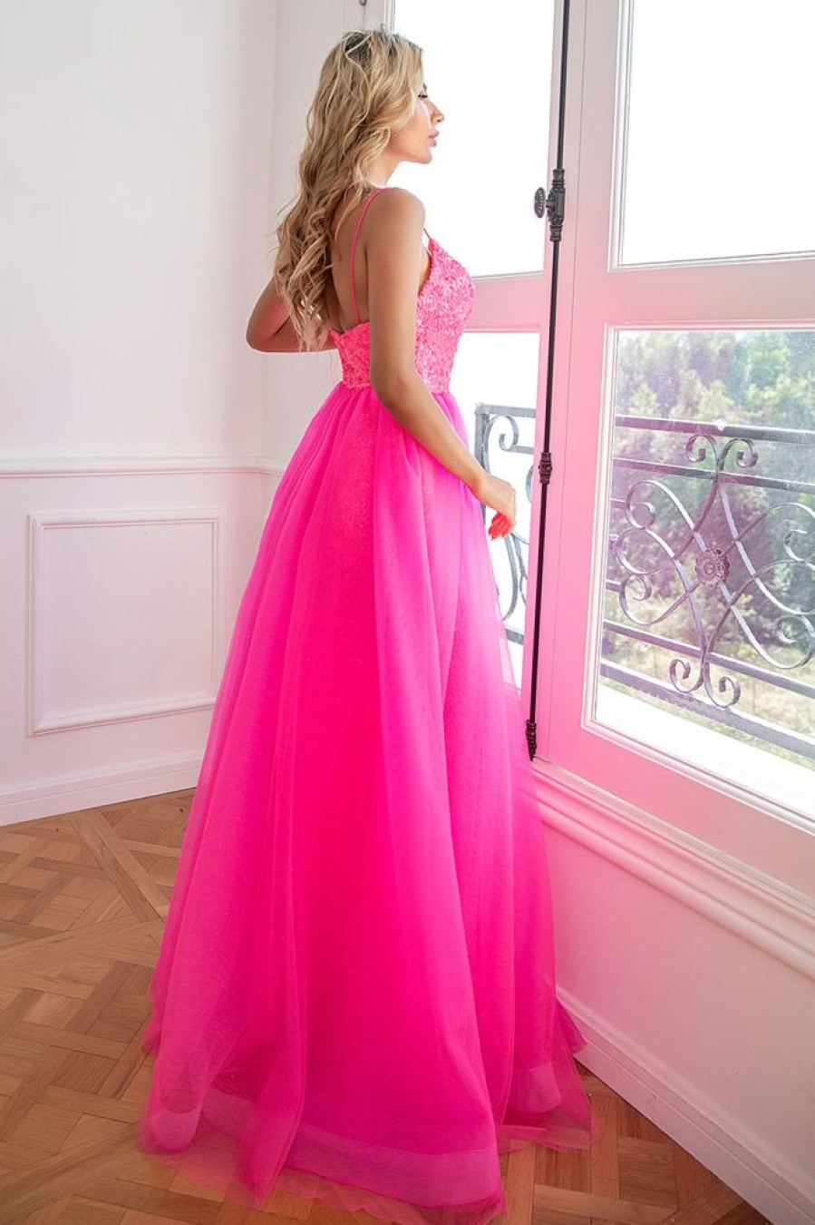 Homrain Two Piece Spaghetti Straps Prom Dress With Split Front | Hot Pink Hoco Dresses