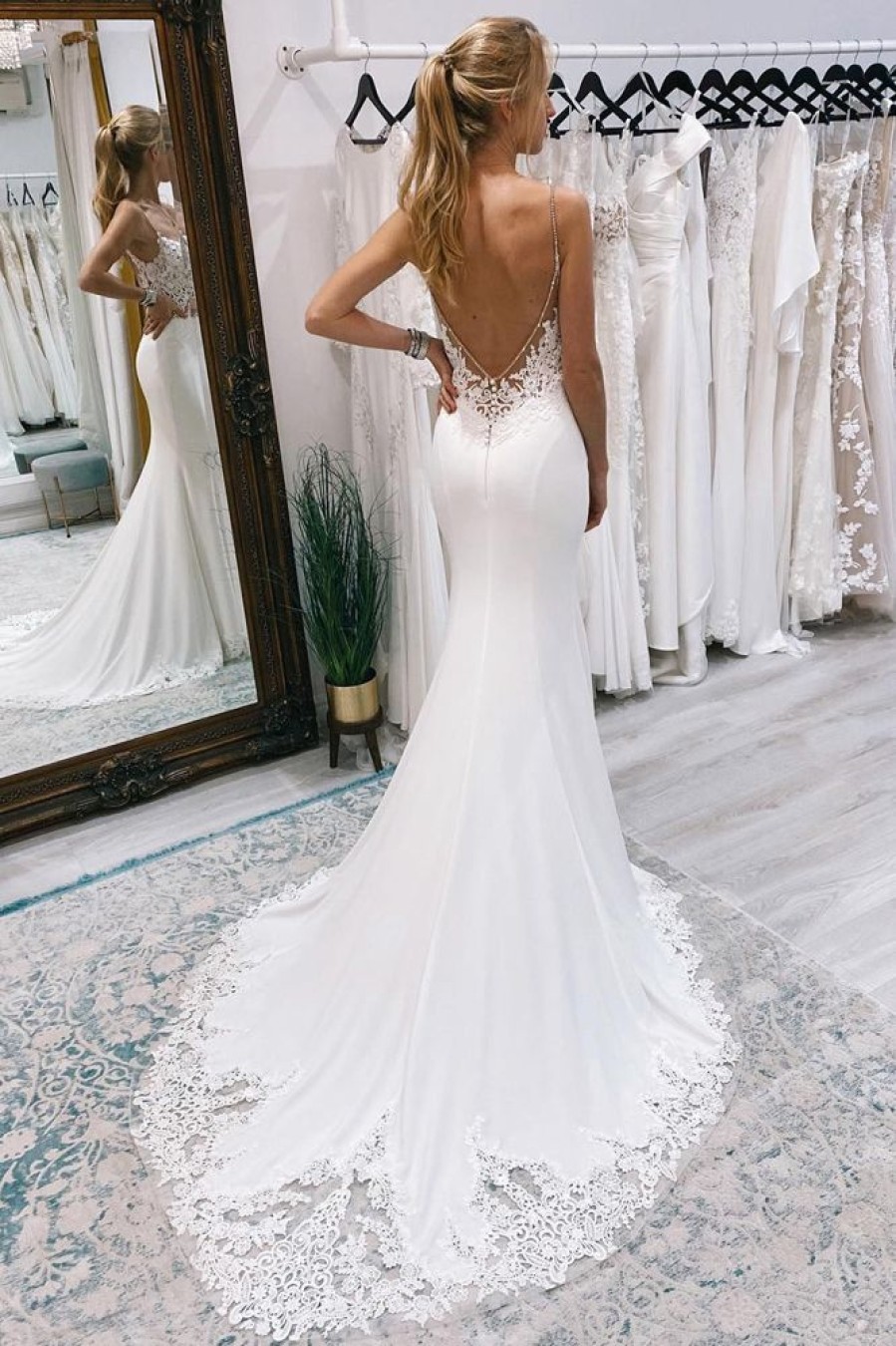 Homrain Mermaid Sweep Train Boho Long Mermaid Wedding Dress With Lace | Lace Wedding Dresses