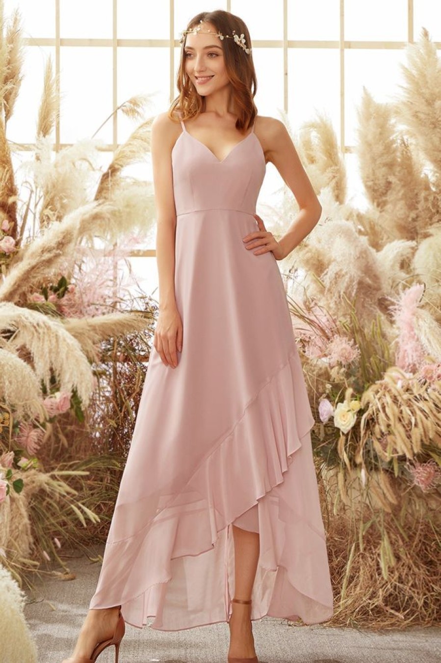 Homrain Blush High Low Chiffon Bridesmaid Dress | Wedding Guest Dresses