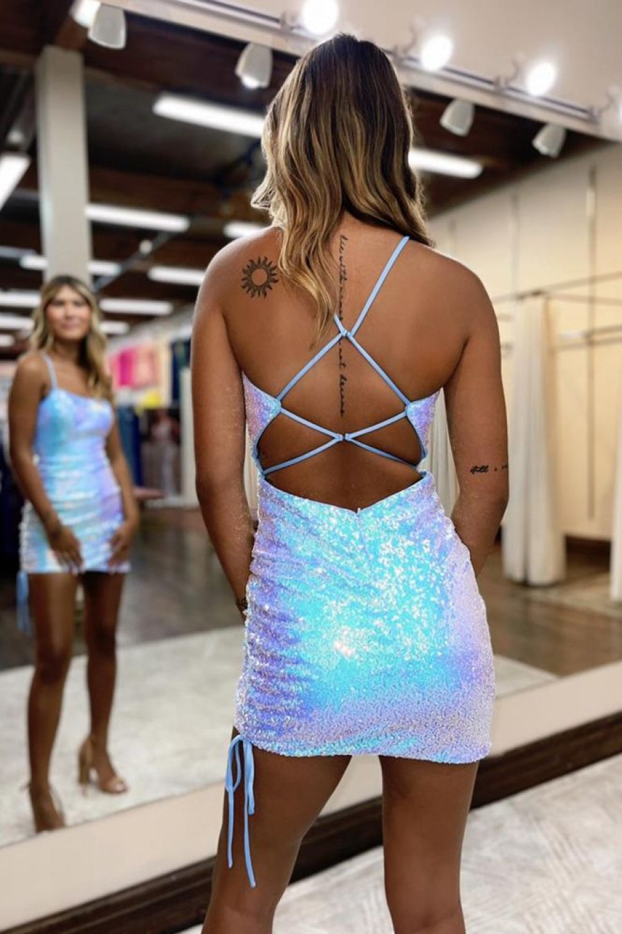 Homrain Sparkly And Blue Backless Tight Short Homecoming Dress | Blue Hoco Dresses