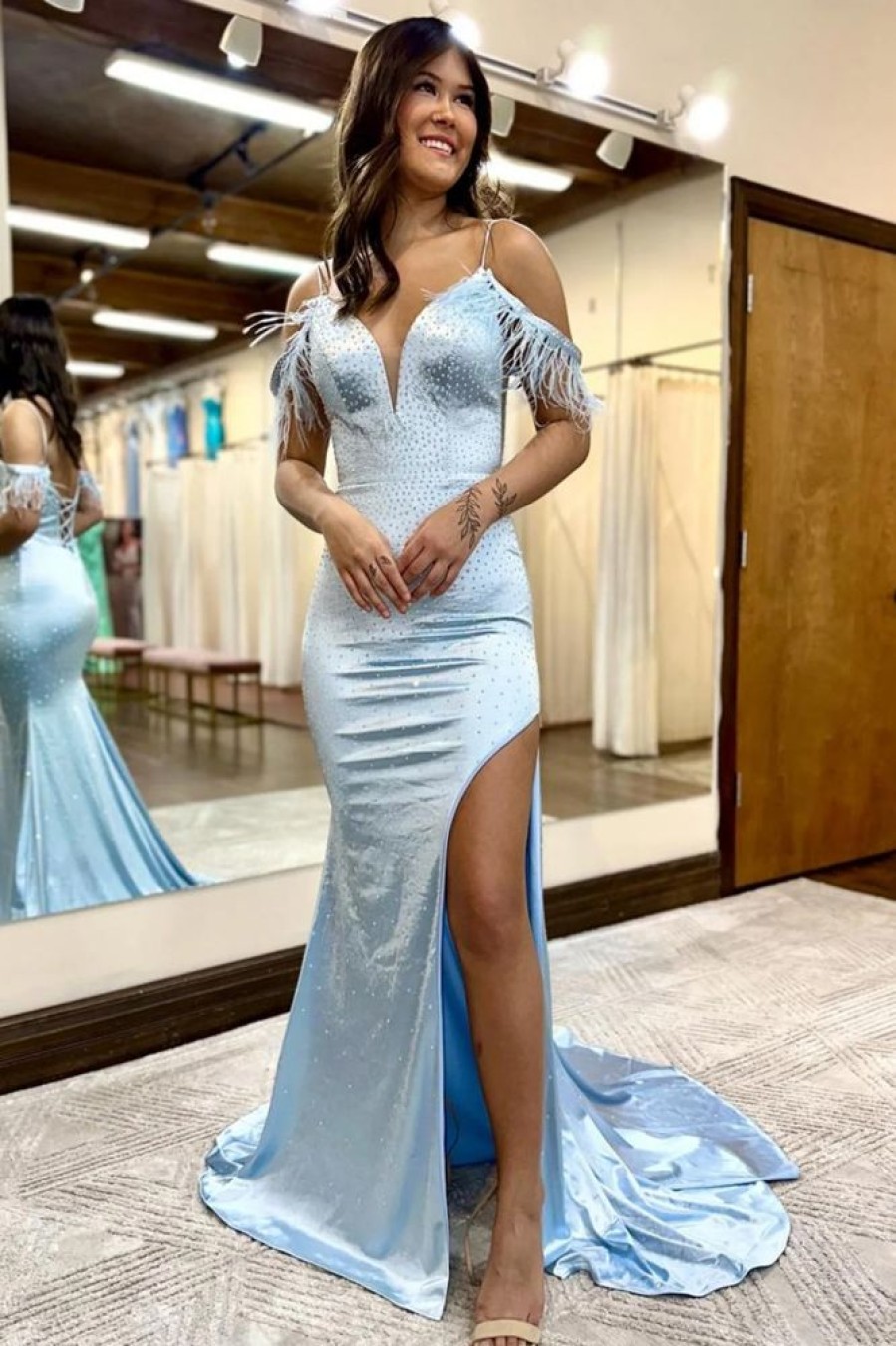 Homrain Sparkly Sequins Mermaid Long Prom Dress With Feathers | Blue Prom Dresses