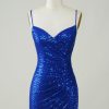 Homrain Sparkly Bodycon Spaghetti Straps Sequins Short Homecoming Dress | Blue Hoco Dresses