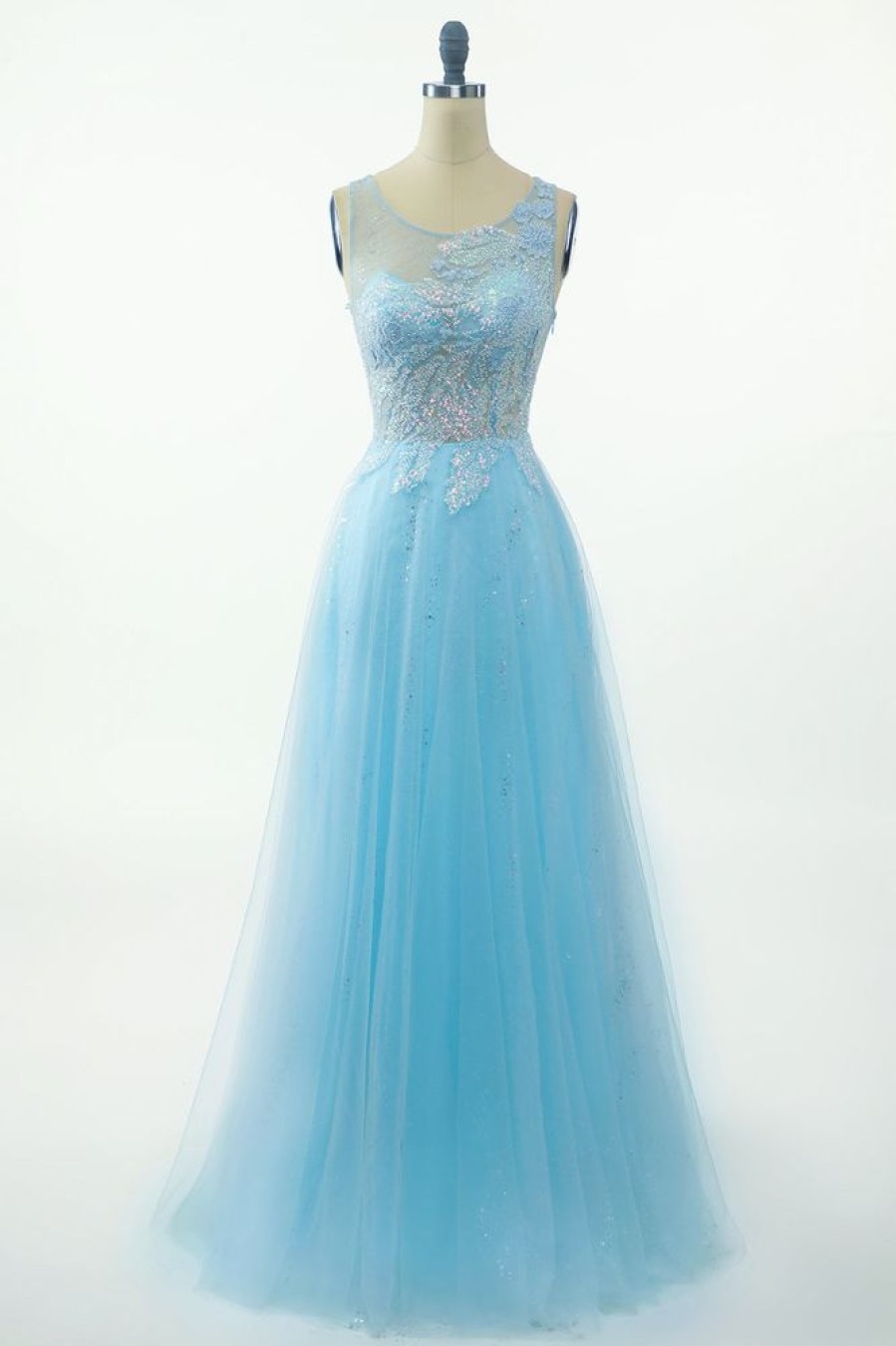 Homrain Blue Beading Tulle Prom Dress | Blue Prom Dresses