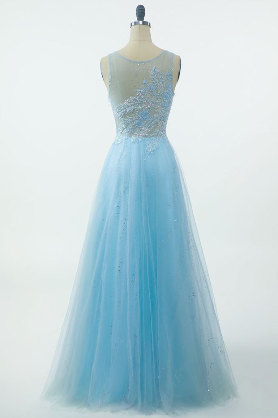 Homrain Blue Beading Tulle Prom Dress | Blue Prom Dresses