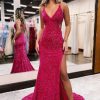 Homrain Sparkly Sequins Mermaid Open Back Long Prom Dress With Slit | Hot Pink Prom Dresses