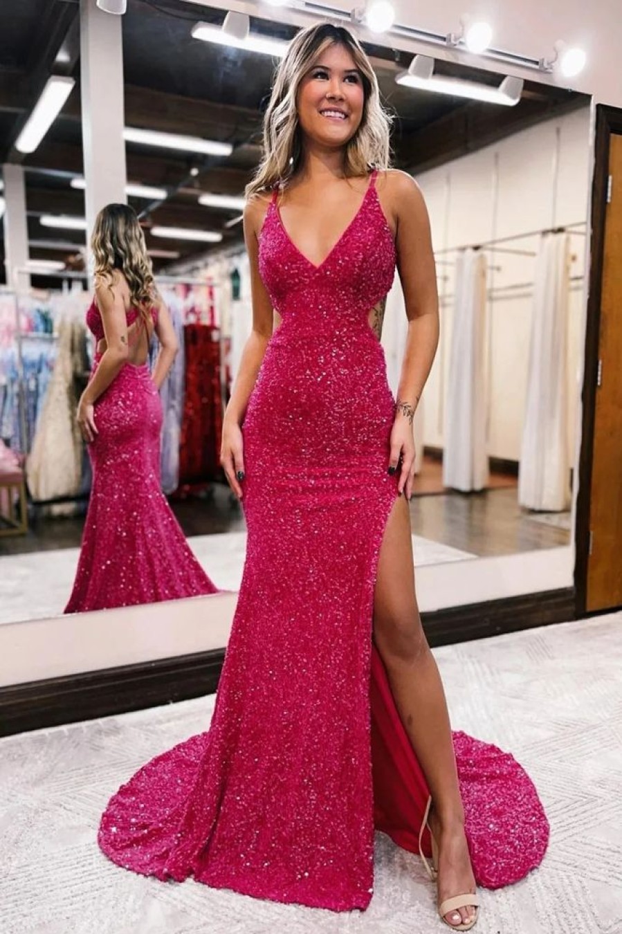 Homrain Sparkly Sequins Mermaid Open Back Long Prom Dress With Slit | Hot Pink Prom Dresses