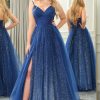 Homrain Sparkly Beaded A Line Long Prom Dress With Slit | Blue Prom Dresses