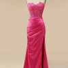 Homrain Sparkly Hot Pink Corset Long Sheath Prom Dress With Slit | Hot Pink Prom Dresses