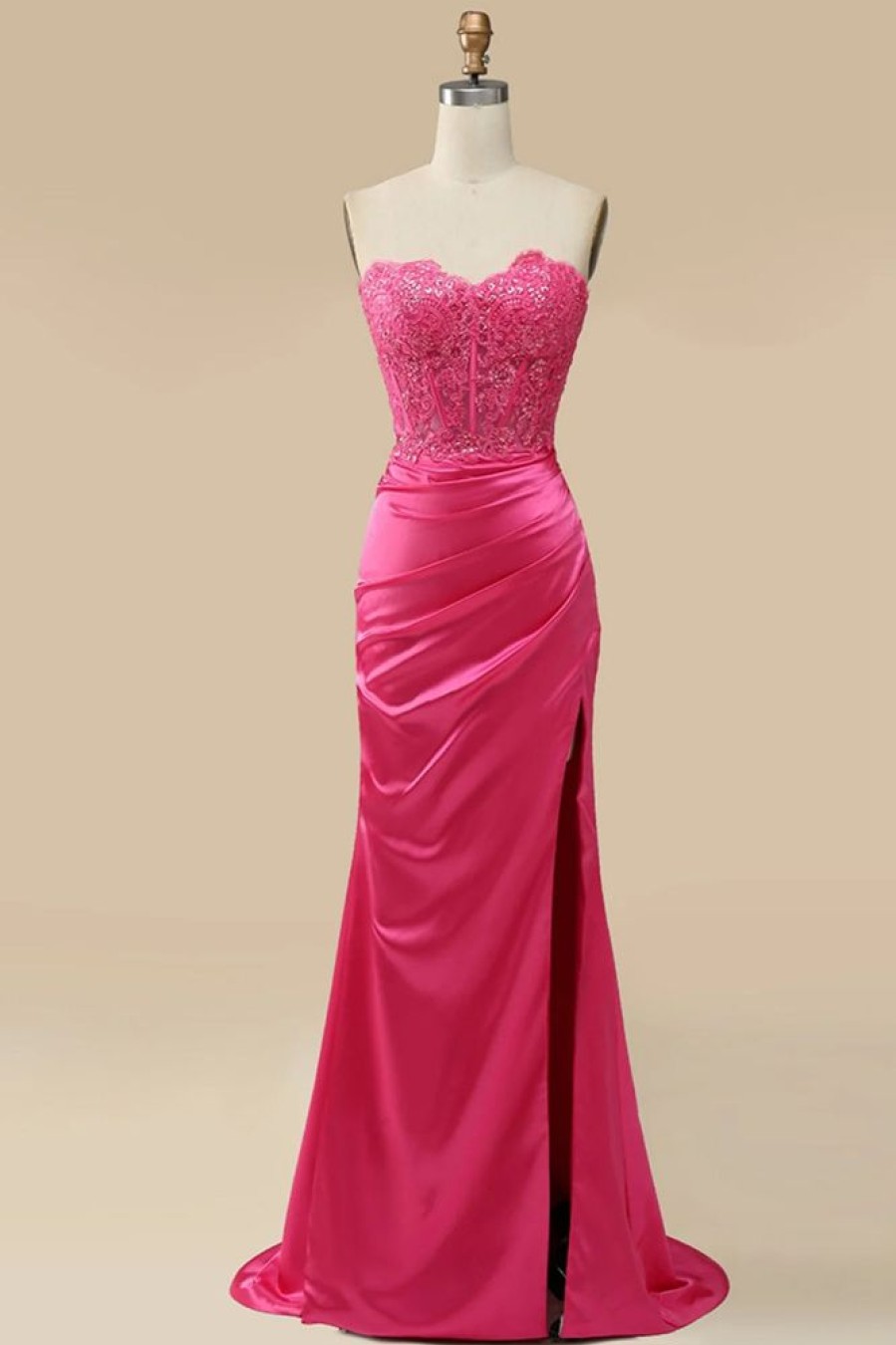 Homrain Sparkly Hot Pink Corset Long Sheath Prom Dress With Slit | Hot Pink Prom Dresses