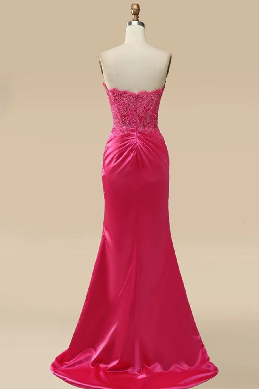 Homrain Sparkly Hot Pink Corset Long Sheath Prom Dress With Slit | Hot Pink Prom Dresses