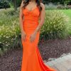 Homrain Mermaid Spaghetti Straps Long Prom Dress With Criss Cross Back | Orange Prom Dresses