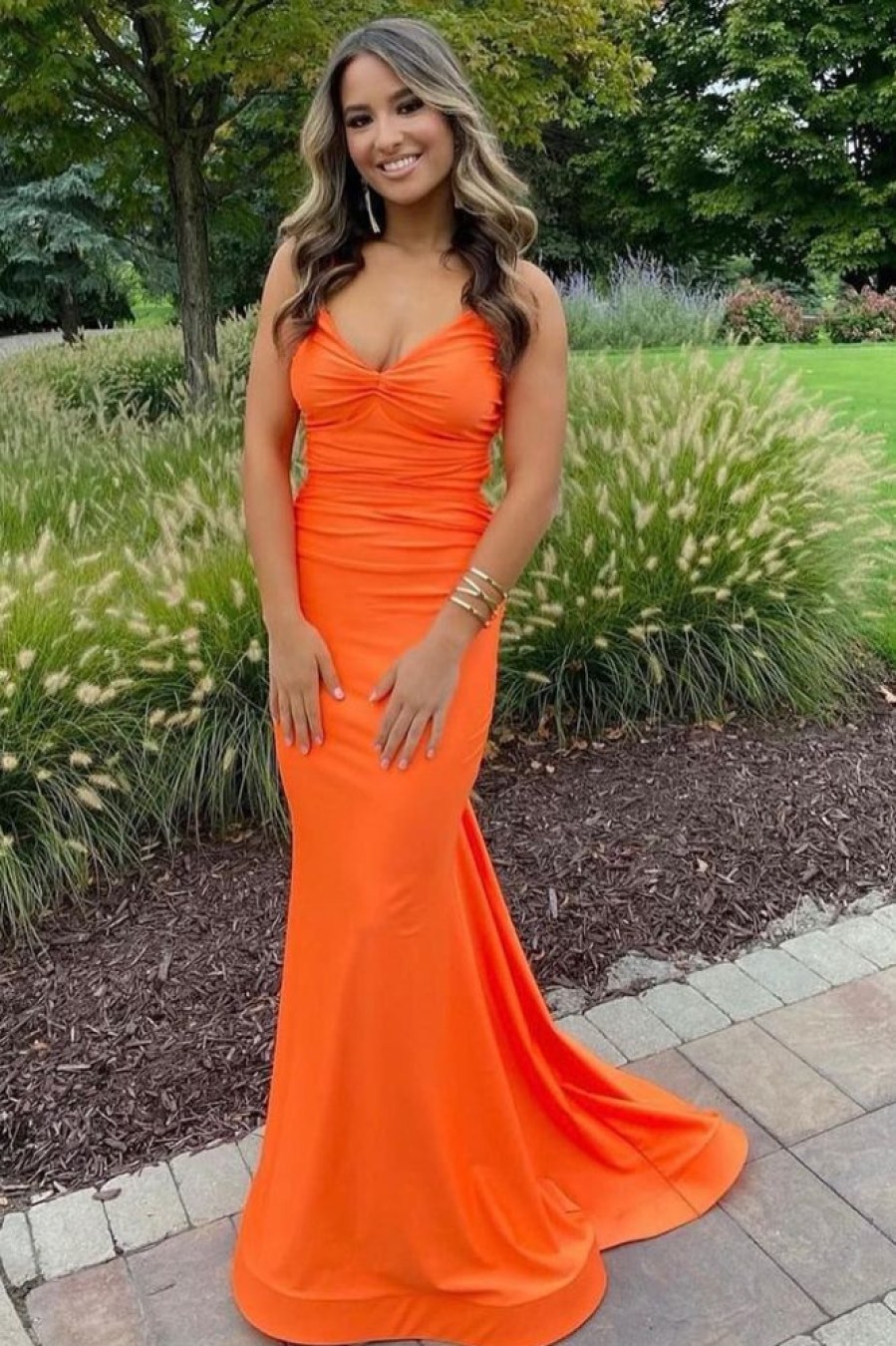 Homrain Mermaid Spaghetti Straps Long Prom Dress With Criss Cross Back | Orange Prom Dresses