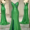 Homrain Glitter Mermaid Backless Long Prom Dress With Slit | Green Prom Dresses