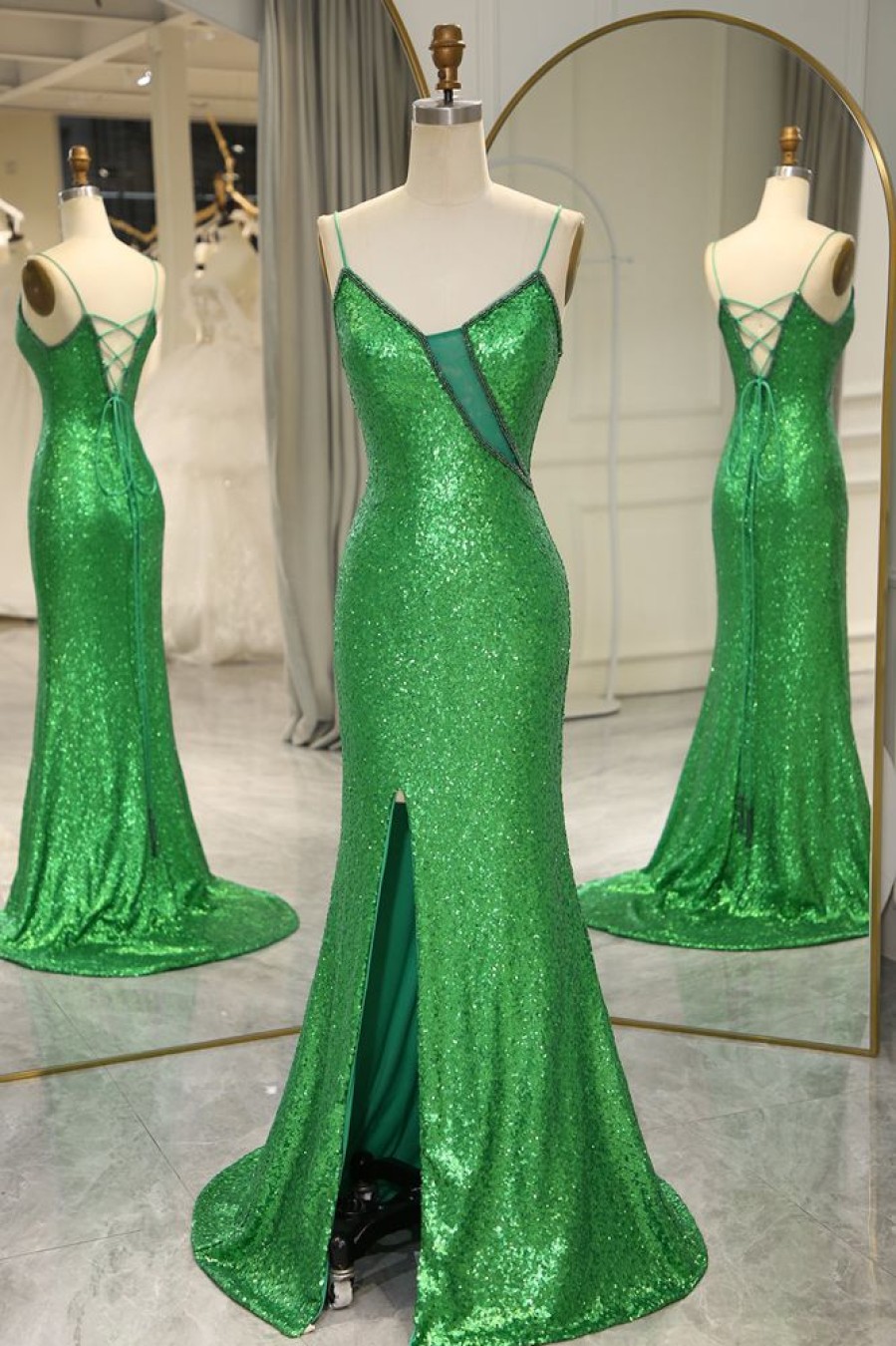 Homrain Glitter Mermaid Backless Long Prom Dress With Slit | Green Prom Dresses