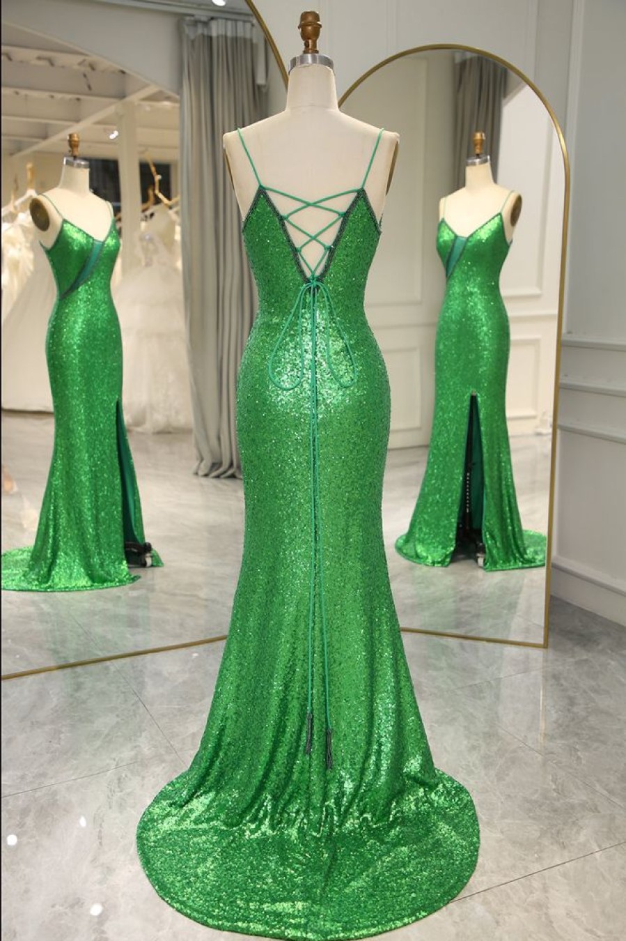 Homrain Glitter Mermaid Backless Long Prom Dress With Slit | Green Prom Dresses