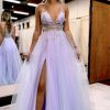 Homrain Beaded A-Line Tulle Prom Dress With Flowers | Purple Prom Dresses