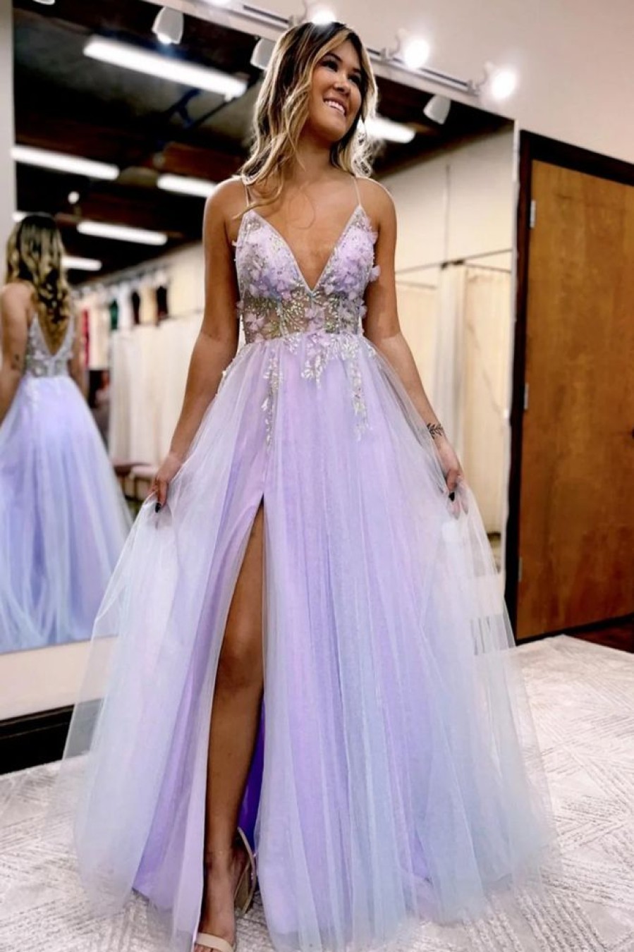 Homrain Beaded A-Line Tulle Prom Dress With Flowers | Purple Prom Dresses