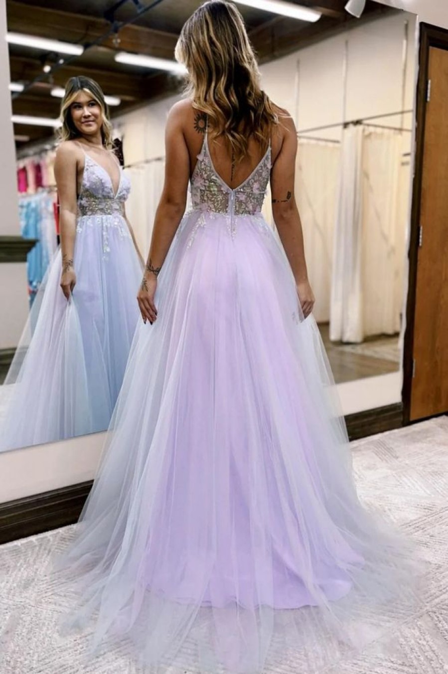 Homrain Beaded A-Line Tulle Prom Dress With Flowers | Purple Prom Dresses