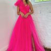 Homrain A-Line One Shoulder Long Tulle Prom Dress With Ruffles | Hot Pink Prom Dresses