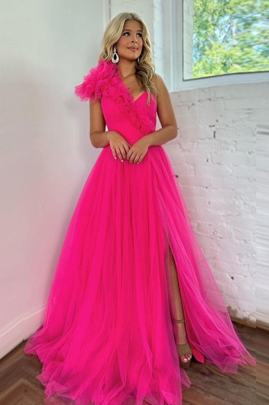 Homrain A-Line One Shoulder Long Tulle Prom Dress With Ruffles | Hot Pink Prom Dresses