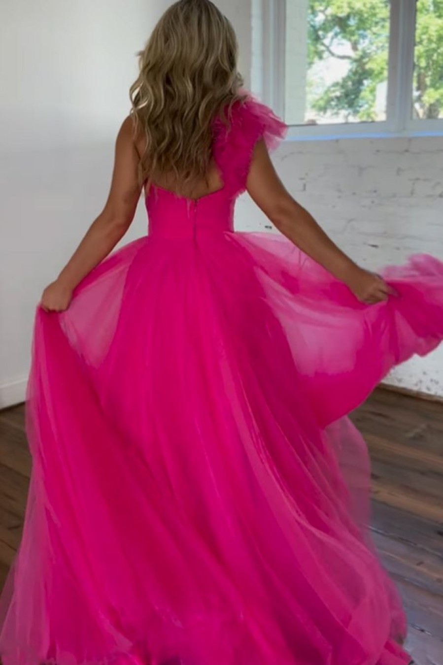 Homrain A-Line One Shoulder Long Tulle Prom Dress With Ruffles | Hot Pink Prom Dresses