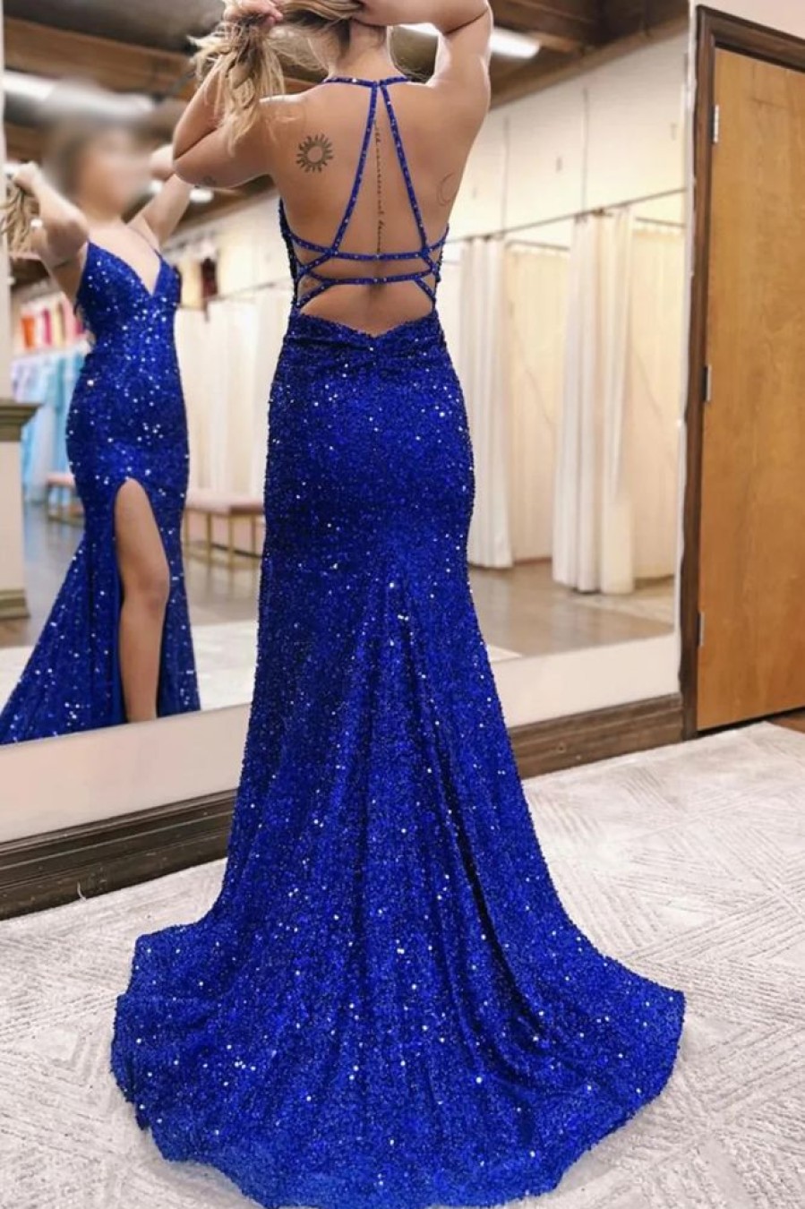 Homrain Sparkly Lace-Up Back Sequins Mermaid Long Prom Dress With Slit | Blue Prom Dresses