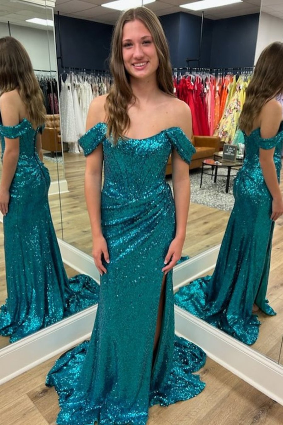 Homrain Sparkly Turquiose Corset Long Sequins Prom Dress With Slit | Blue Prom Dresses