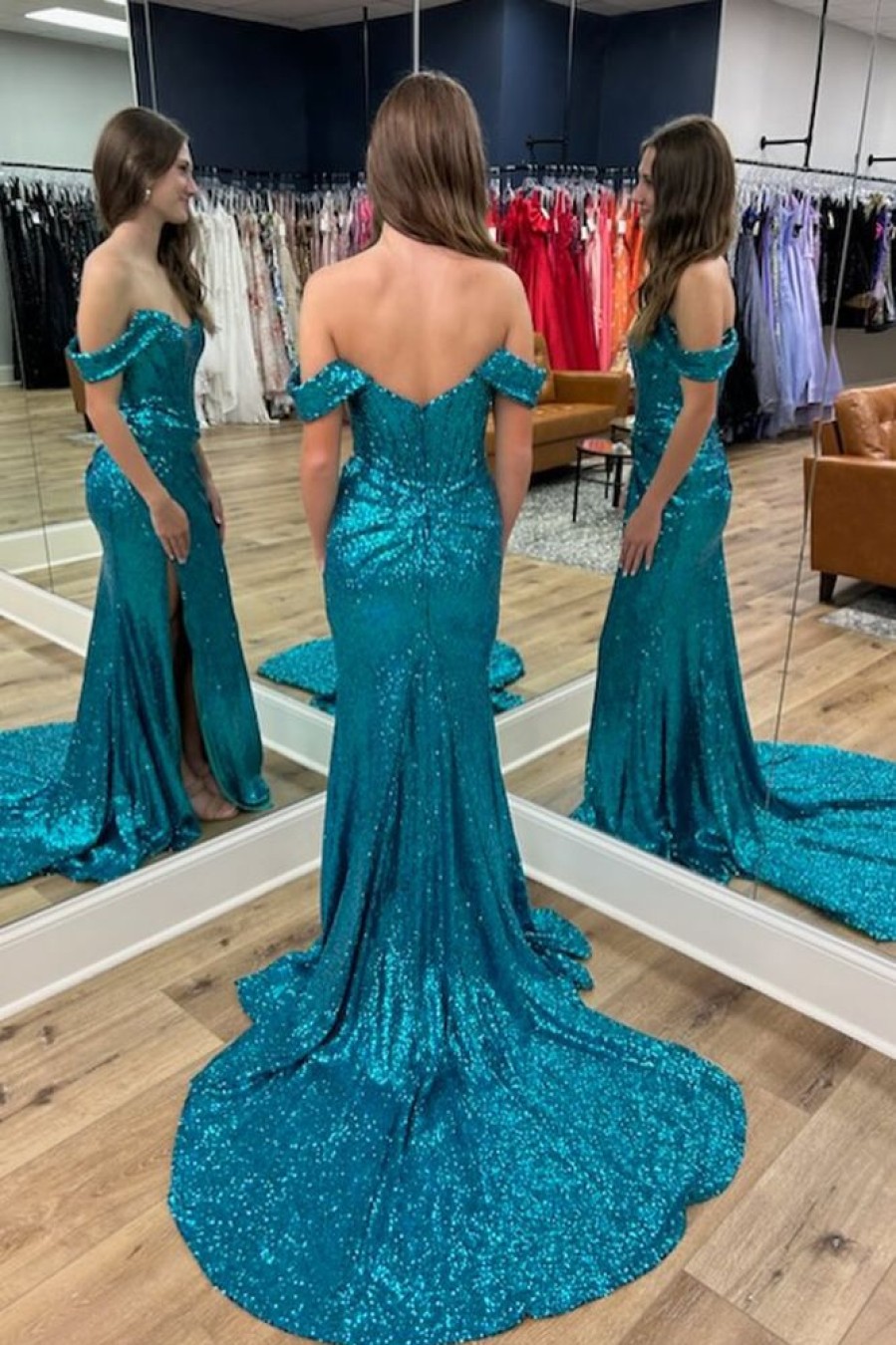 Homrain Sparkly Turquiose Corset Long Sequins Prom Dress With Slit | Blue Prom Dresses