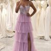 Homrain A Line Appliques Long Corset Tiered Prom Dress With Slit | Purple Prom Dresses