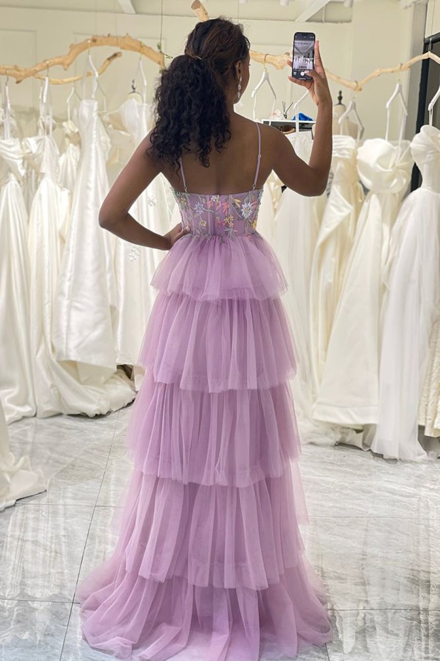 Homrain A Line Appliques Long Corset Tiered Prom Dress With Slit | Purple Prom Dresses